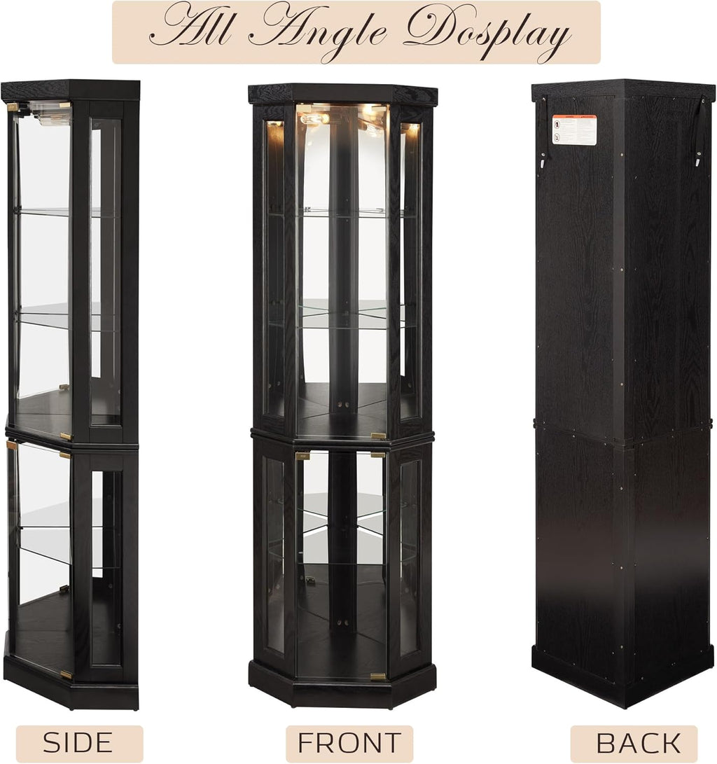 Corner Curio Cabinet, 70" H Lighted Glass Display Cage with Tempered Glass Doors and Adjustable Shelves, Bulb Inclued, Wine Bar China Cabinet for Living Room Liquor Storage (Black)