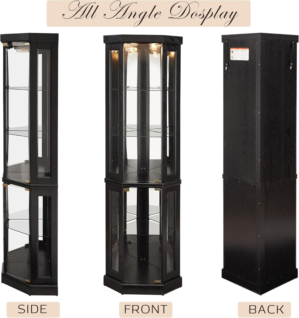 Corner Curio Cabinet, 70" H Lighted Glass Display Cage with Tempered Glass Doors and Adjustable Shelves, Bulb Inclued, Wine Bar China Cabinet for Living Room Liquor Storage (Black)