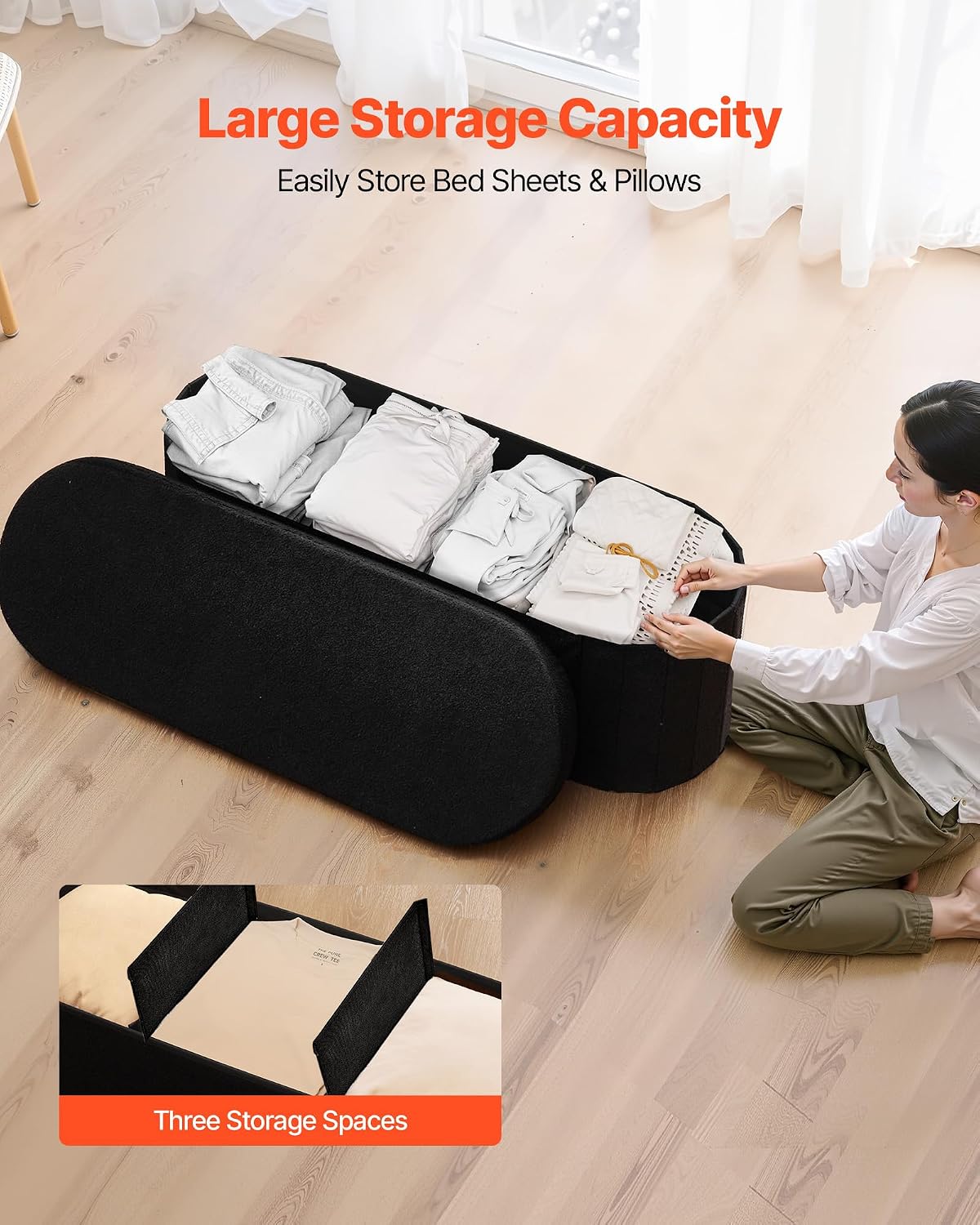 VEVOR Oval Storage Ottoman Bench, Foldable Teddy Fleece End of Bed Bench, Folding Upholstered Bed Ottoman Chest with Large Storage Space, Supports 660 lbs, for Living Room, Bedroom, Entryway, Black