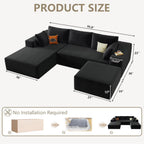 96" Cloud Sectional Couch with U-Shaped Chaise, Corduroy Sectional Sofa with Ottoman, Couch with Deep Seat in a Box for Living Room, No Assembly Required (Black, Left Facing Chaise)