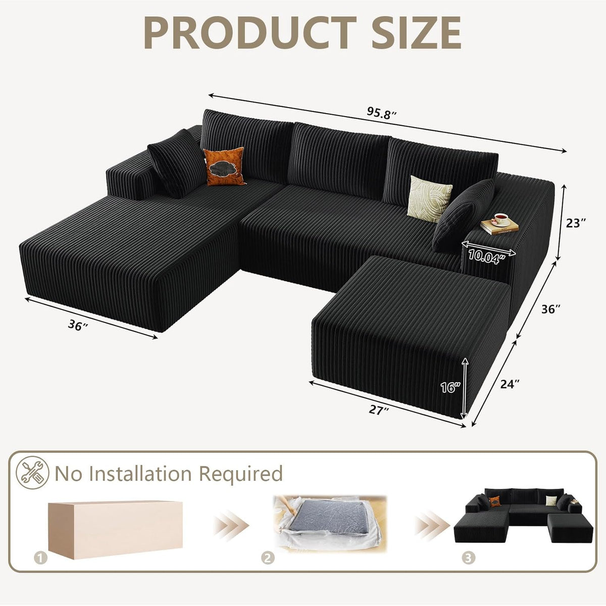 96" Cloud Sectional Couch with U-Shaped Chaise, Corduroy Sectional Sofa with Ottoman, Couch with Deep Seat in a Box for Living Room, No Assembly Required (Black, Left Facing Chaise)