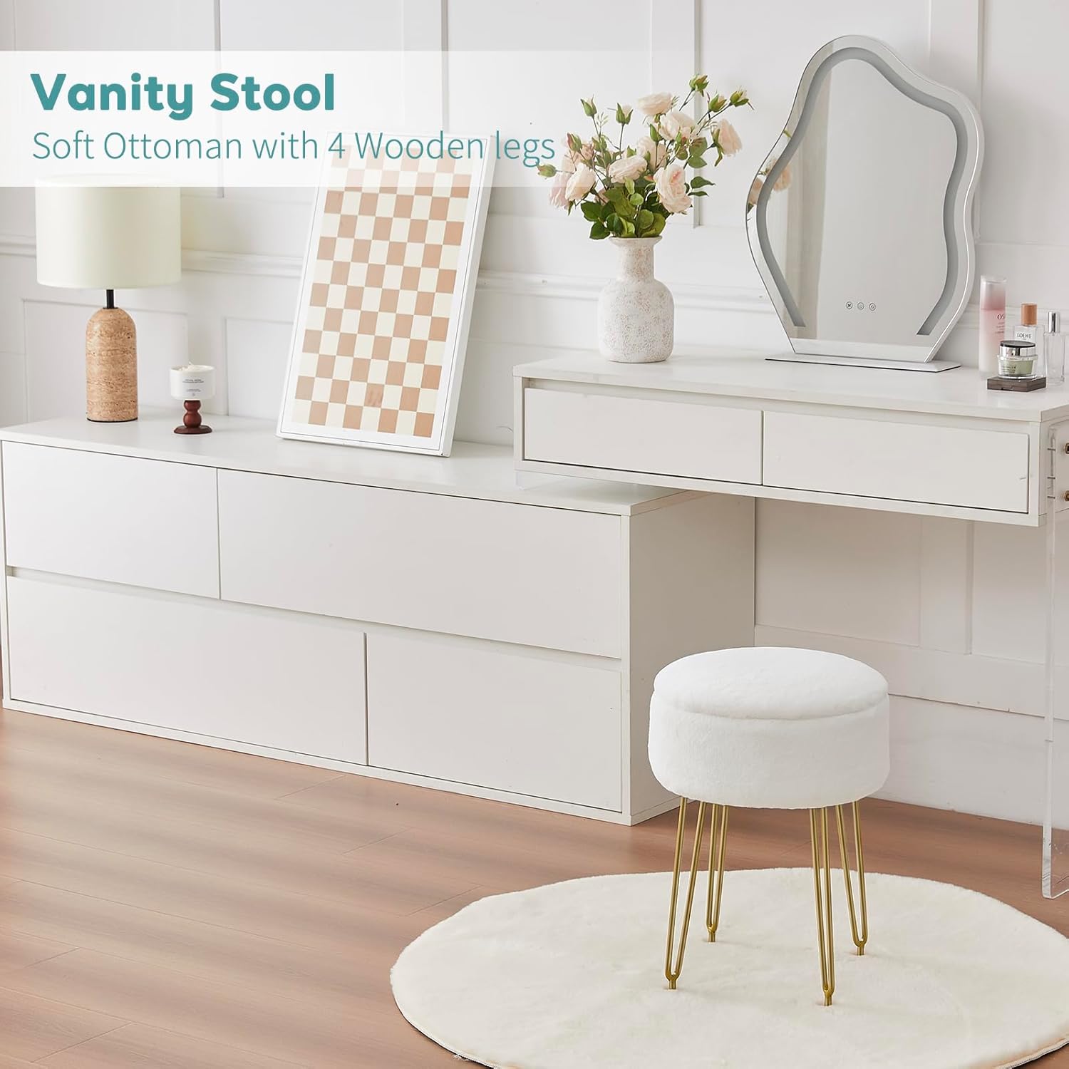 BRIAN & DANY Vanity Stool, Faux Fur Vanity Stool Chair with Storage, Round Makeup Chair Soft Padded Seat with Legs for Bedroom (White)