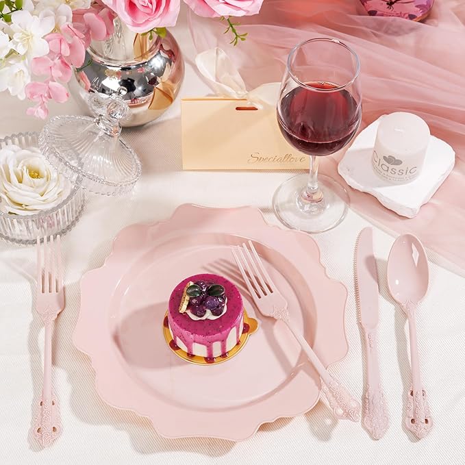 WDF 120 Pieces Heavy Duty Pink Plastic Silverware - Pink Plastic Cutlery Set - Disposable Pink Utensils - Disposable Flatware Includes 40 Forks, 40 Spoons, 40 Knives for Party, Wedding