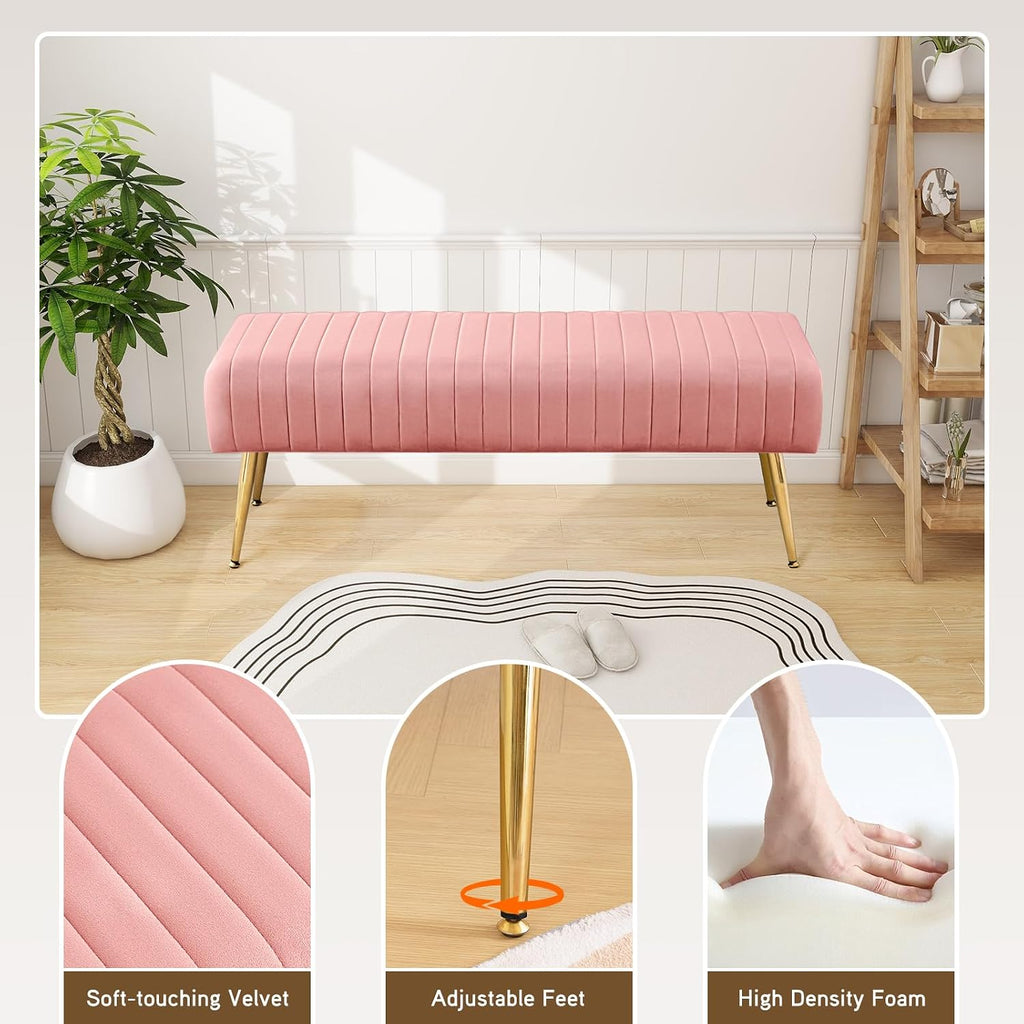 Furnimart 44 Inch Pink Velvet Ottoman Bench, Modern Upholstered Bedroom Benches Footrest Stool Indoor Bench for Entryway Living Room Bedroom Dining Room (Velvet-Pink)