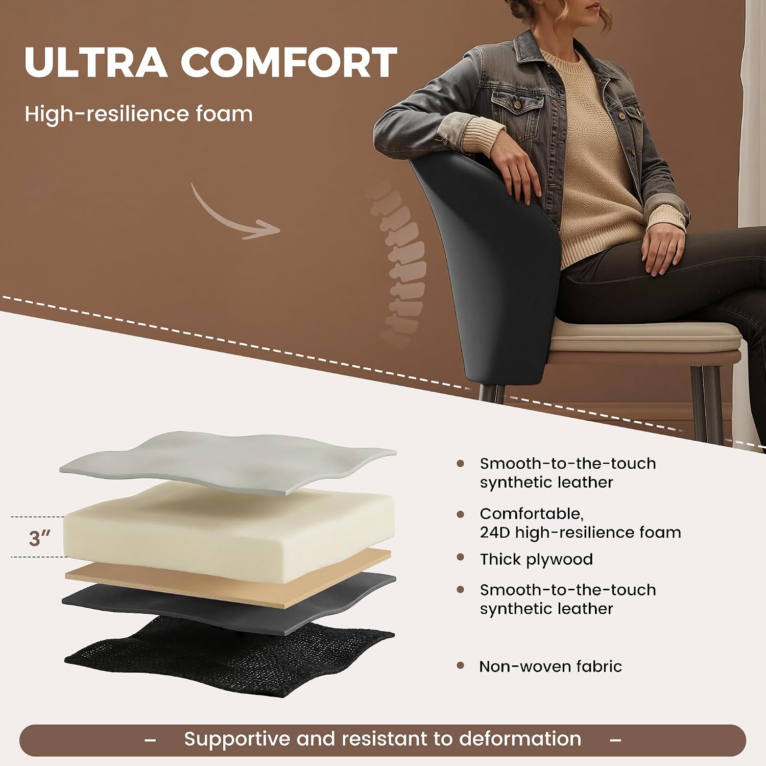 Faux Leather Dining Chairs Set of 4, Curved Back Upholstered Accent Chair, Modern Kitchen Side Chair with Metal Legs for Dining Room, Living Room, Bedroom, Black