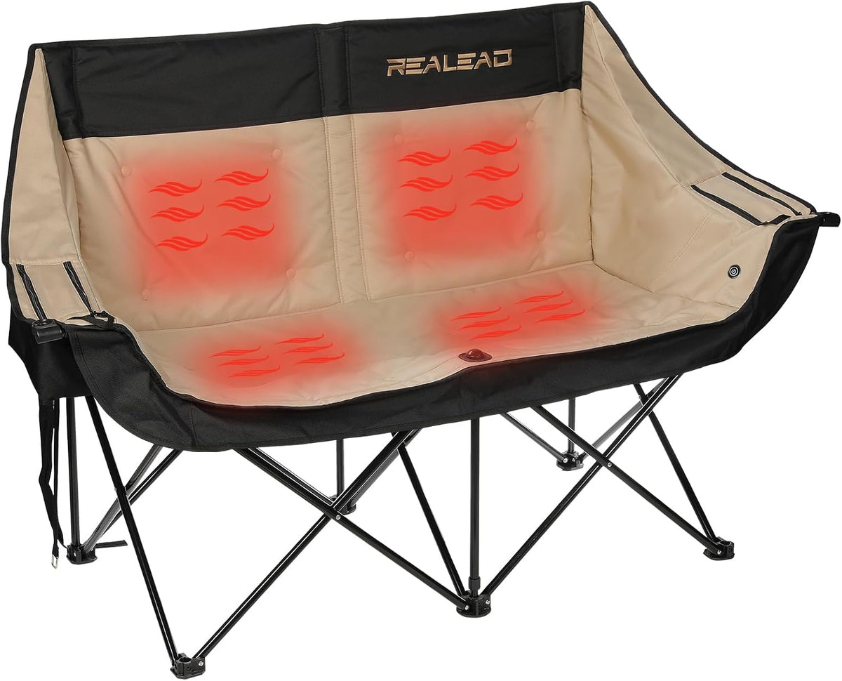 REALEAD Heated Double Camping Chair - Heated Loveseat Camping Chairs for Adults with 3 Heat Levels and 4 Heating Zones - Oversized Heated Chairs Outdoor Sports Supports 650 lbs Battery NOT Included