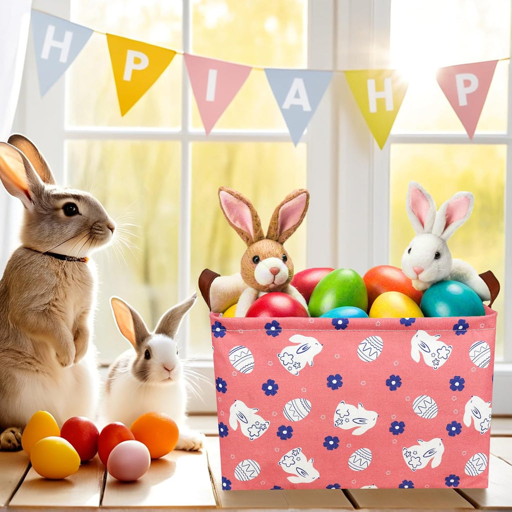 Large Rectangular Cute Kid Easter Basket Empty Bunny Eggs Easter Basket Gift Spring Room Storage Organizer Décor (Rabbit Pink Background)