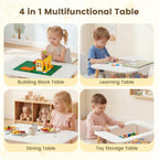 Olakids Kids Table and Chair Set, 4 in 1 Wooden Building Blocks Activity Desk with Reversible Tabletop Storage Basket, Toddler Furniture for Crafts Learning Dining