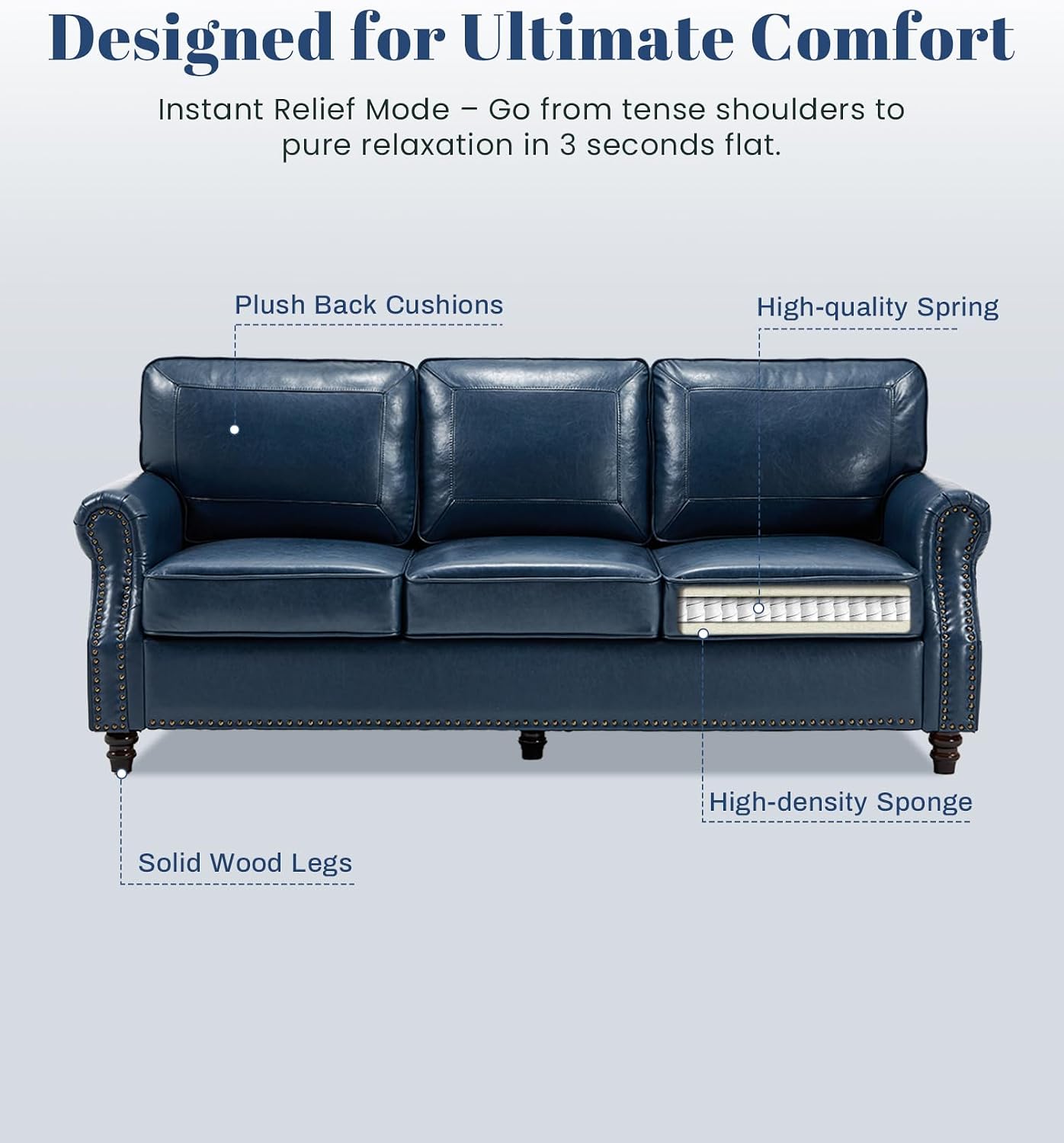 Kingfun Mid-Century Modern Couch, Faux Leather Sofa, 3 Seater Couch for Living Room with Rolled arms & Nailhead Trim, Blue