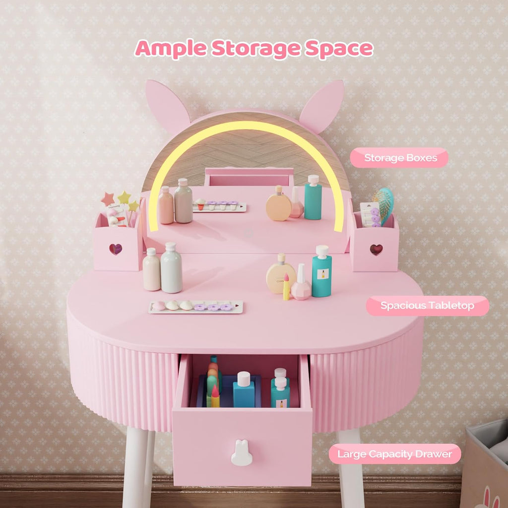 JOYMOR Kids Vanity with Lights, Girls Vanity Set w/Touch Screen 3 Colors Adjustment, Solid Wood Leg, 1 Drawer, 2 Storage Boxes, Kids Vanity Table and Chair Set (Pink)