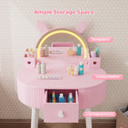 JOYMOR Kids Vanity with Lights, Girls Vanity Set w/Touch Screen 3 Colors Adjustment, Solid Wood Leg, 1 Drawer, 2 Storage Boxes, Kids Vanity Table and Chair Set (Pink)