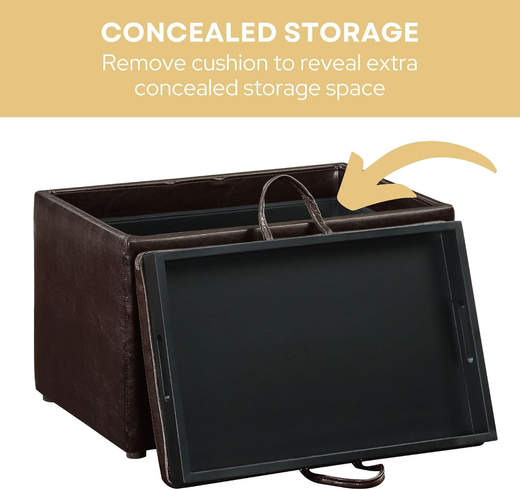 Convenience Concepts Designs4Comfort Accent Storage Ottoman 22.75" - Modern Foot Stool with Decorative Tray for Living Room, Dining Room, Office, Den, Espresso Faux Leather