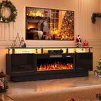 70" Fireplace TV Stand, Entertainment Center with 8 Stainless Steel, Black | 36" Electric Fireplace insert, Modern TV Console with LED light, 2-tier Media Console fits 80" TV, Spacious storage cabinets
