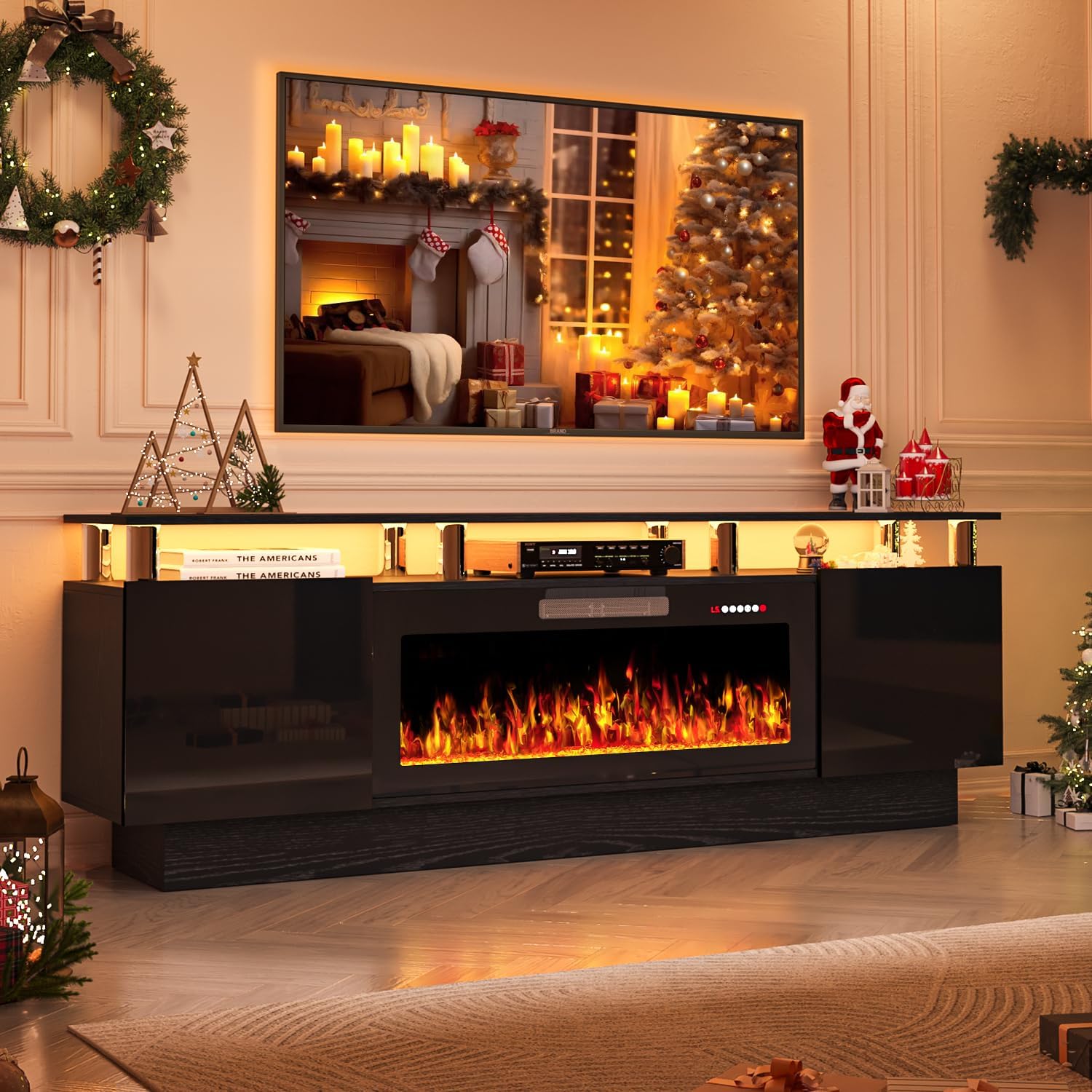 70" Fireplace TV Stand, Entertainment Center with 8 Stainless Steel, Black | 36" Electric Fireplace insert, Modern TV Console with LED light, 2-tier Media Console fits 80" TV, Spacious storage cabinets