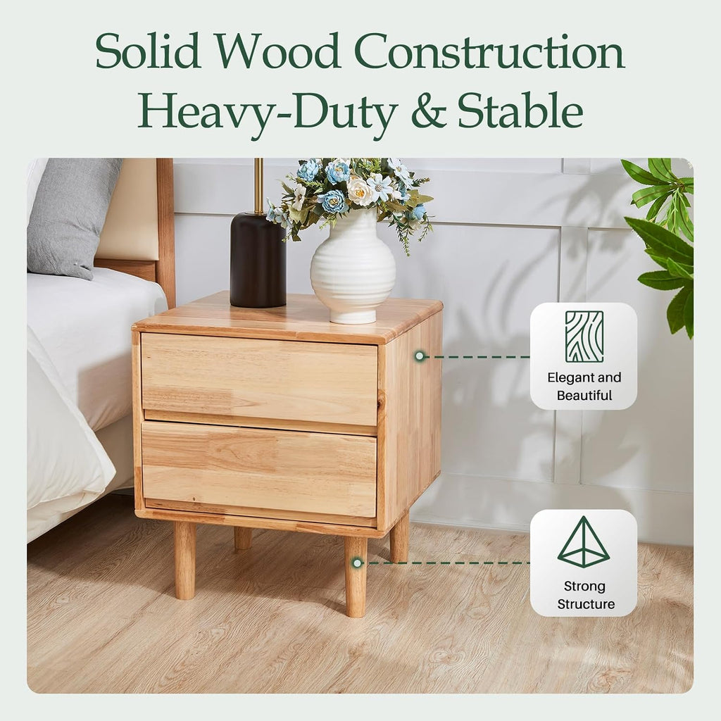 Modern Natural Wooden Nightstand with Drawers - Solid Wood Night Stand 2 Drawer Mid Century Small Narrow Bedside Side End Table with Storage for Living Room Bedroom, 15.7" D x 17.1" W x 19.6" H