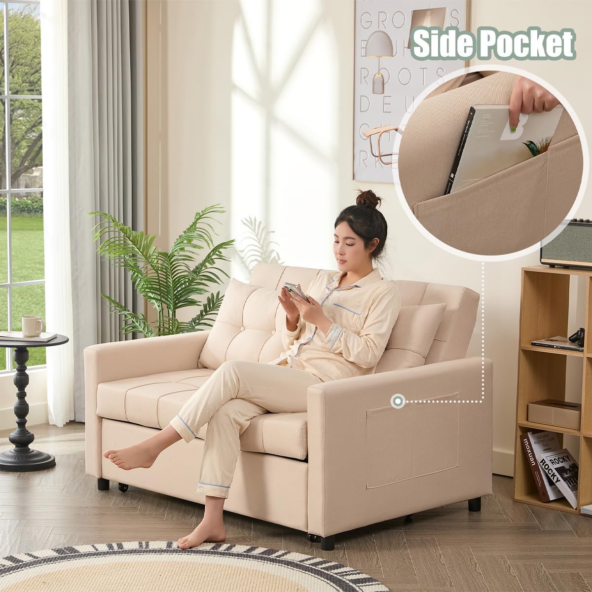 GOSUHI 52" 3-in-1 Convertible Sleeper Sofa Bed, Linen, Beige | Pull-Out Bed, Stepless Adjustable Backrest, Side Pocket, Compact Loveseat, Living Room, Dorm & Apartment