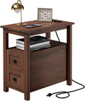 VVFLU Farmhouse End Table with Charging Station and 2 Storage Drawers, Cherry Wood Nightstand Narrow, Skinny Side Table Rustic, Slim Bedside Table, Open Shelf, Small for Bedroom, Living Room, Sofa