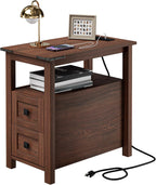 VVFLU Farmhouse End Table with Charging Station and 2 Storage Drawers, Cherry Wood Nightstand Narrow, Skinny Side Table Rustic, Slim Bedside Table, Open Shelf, Small for Bedroom, Living Room, Sofa
