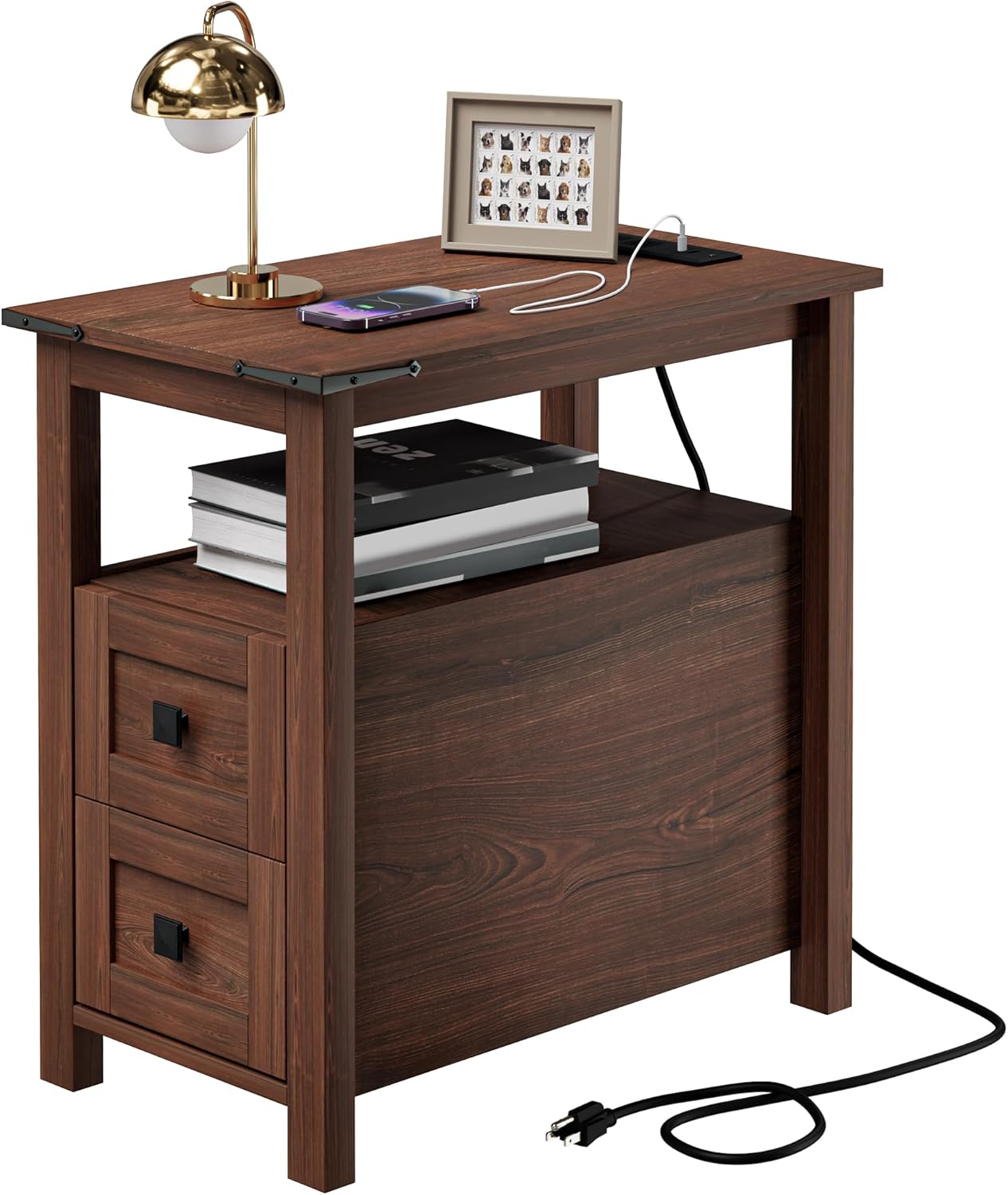 VVFLU Farmhouse End Table with Charging Station and 2 Storage Drawers, Cherry Wood Nightstand Narrow, Skinny Side Table Rustic, Slim Bedside Table, Open Shelf, Small for Bedroom, Living Room, Sofa