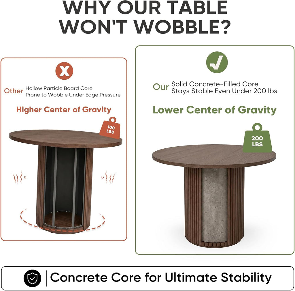 Comfy to go 40 inch Round Dining Table, Pedestal Dining Table with Concrete Core, Thick & Reinforced, Supports up to 300 lbs, Solid Wood Strips, Seats 4 People – Walnut