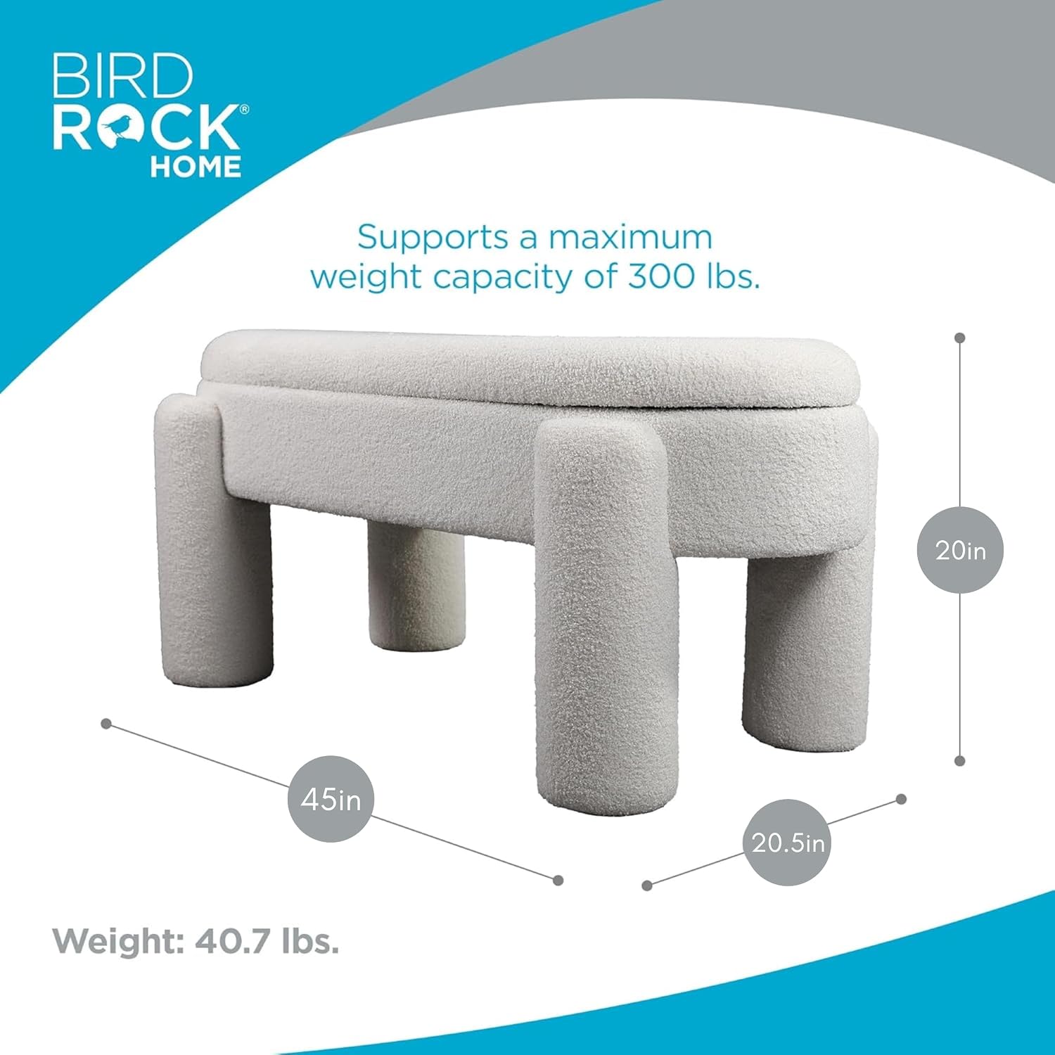 BIRDROCK HOME Sherpa Upholstered Storage Bench | Cozy Seat with Soft Sherpa Cushion, Versatile for Living Room, Bedroom, or Entryway Ottoman | Sturdy Design, 45” L x 20.5” W x 20” H