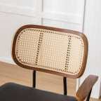 Rattan Dining Room Chairs Set of 2,Mid Century Modern Kitchen Side Chairs,Metal Legs Desk Chairs,Faux Leather Accent Chairs with Arms and Rattan Backrest,Black PU