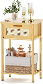 Bamboo Nightstand, Boho Side Table with Drawer and Open Shelf, 3 Tier End Table, Bedside Table, Accent Table, Small Dresser for Bedroom, Dorm and Small Spaces, Natural
