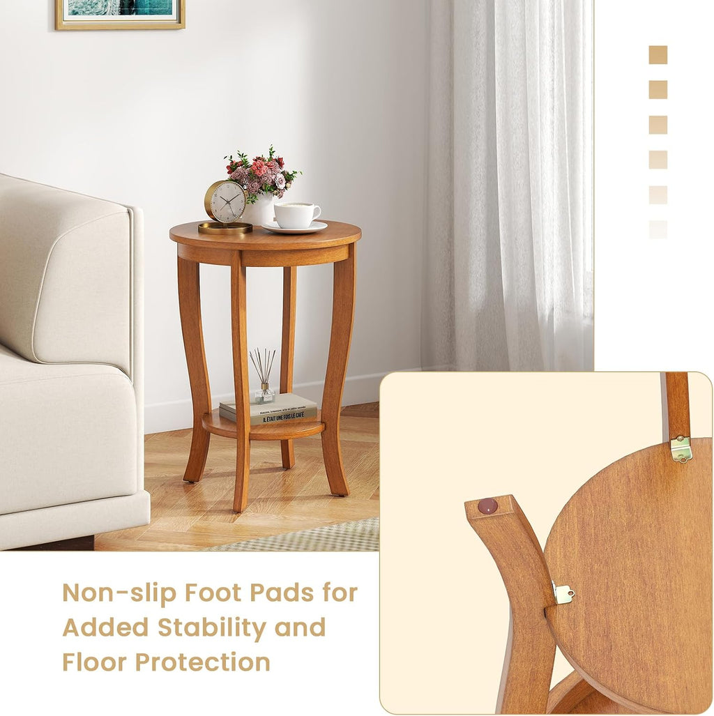 GOFLAME 2-Tier Round End Table, 18” Sofa Side Table with Storage Shelf, Floor Tea Table with Solid Wood Legs, Compact Nightstand for Small Space, Living Room, Bedroom, Light Brown