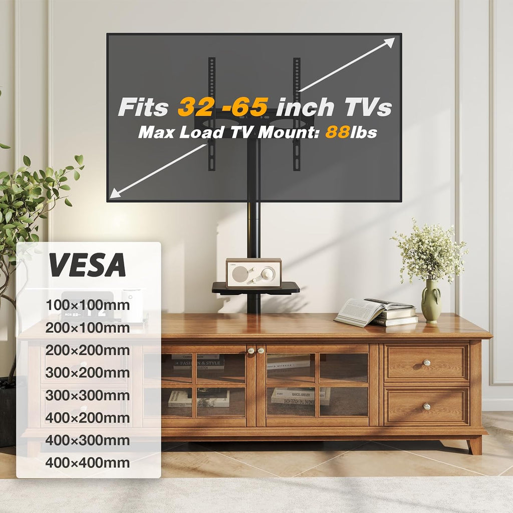 TVON Floor TV Stand with Power Outlet for 32-65 inch TVs up to 88 lbs | Swivel TV Mount Stand with Height Adjustment and Safety Wood Base for Bedroom, Office, Corner, Max VESA 400x400mm, Black