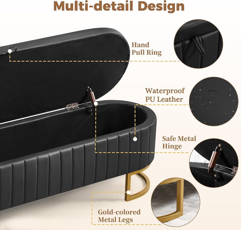 Storage Ottoman Bench, 63" Faux Leather End of Bed Bench Bedroom Bench King Size with Golden Metal Legs, Upholstered Storage Bench for Bedroom Living Room Entryway and Window, Black