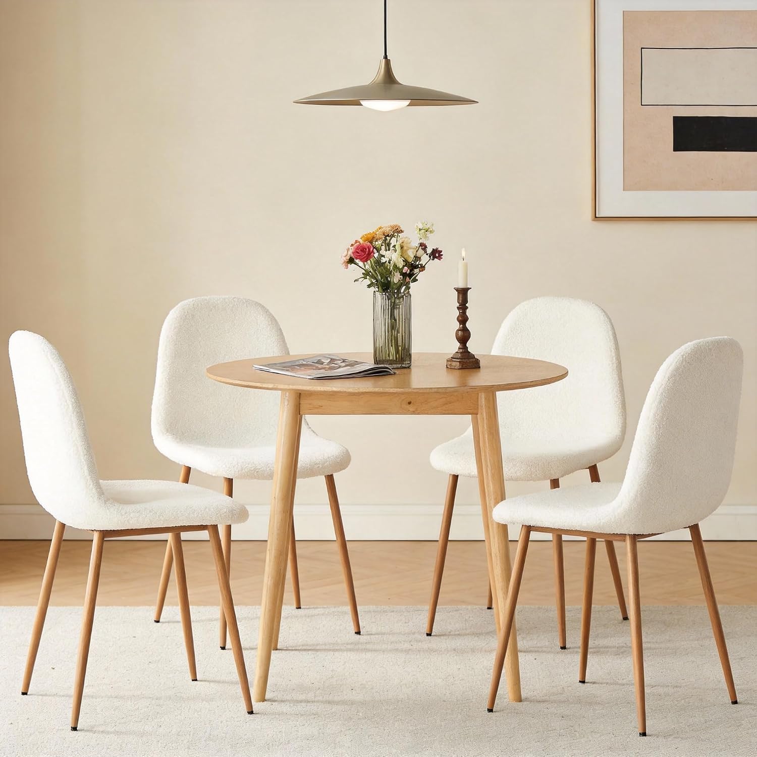 Small Dining Table Set for 4, Modern Round Dining Table with 4 Teddy Fleece Dining Chairs in Metal Legs, Easy Assembly for Compact Spaces - White