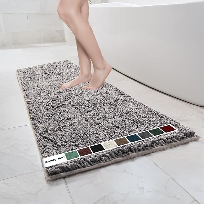 Muddy Mat Chenille Bathroom Rugs Quick Dry Microfiber Mats Non Slip Washable, Extra Thick, Soft and Highly Absorbent Bath Mats for Bathroom, Kitchen, and Shower Floor - Grey Runner 59"X24"