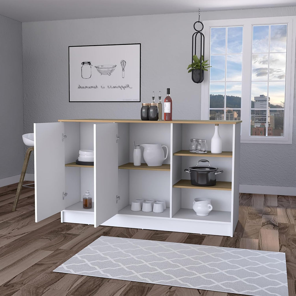 Melamine Kitchen Island with Two Doors and Three Open Shelves | two doors with internal shelves and three open storage shelves