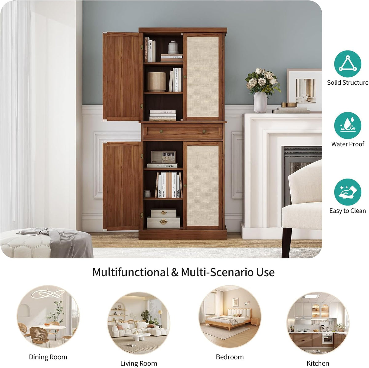 72" Kitchen Pantry Cabinet with Rattan Doors, Tall Pantry Storage Cabinet with 4 Adjustable Shelves & Large Central Drawer, Boho Cupboard for Kitchen, Dining Room, Living Room, Walnut