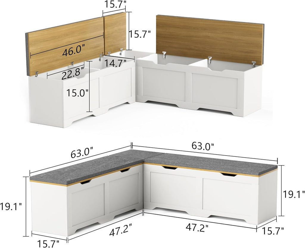 3-Piece L-Shape Storage Bench Set with Cushion, Kitchen Dining Nook Bench with Hidden Storage for Dining Room, Entryway,Backless Corner Dining Bench (White)