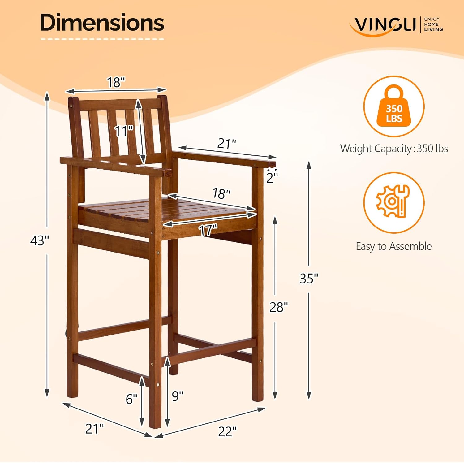 VINGLI Outdoor Bar Stools, Solid Wood Bar Stools Set of 2 Counter Height Bar Chairs for Outdoor Patio Garden Lawn