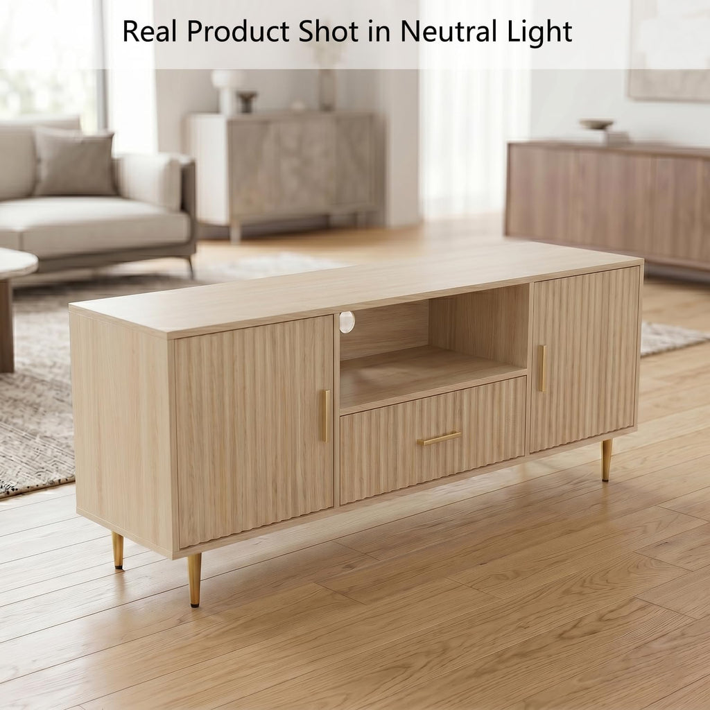DIYART Luxury Fluted TV Stand, Entertainment Center for TVs Up to 65", Modern Media Console with Drawer and Cabinets, TV Console for Living Room Bedroom, Oak