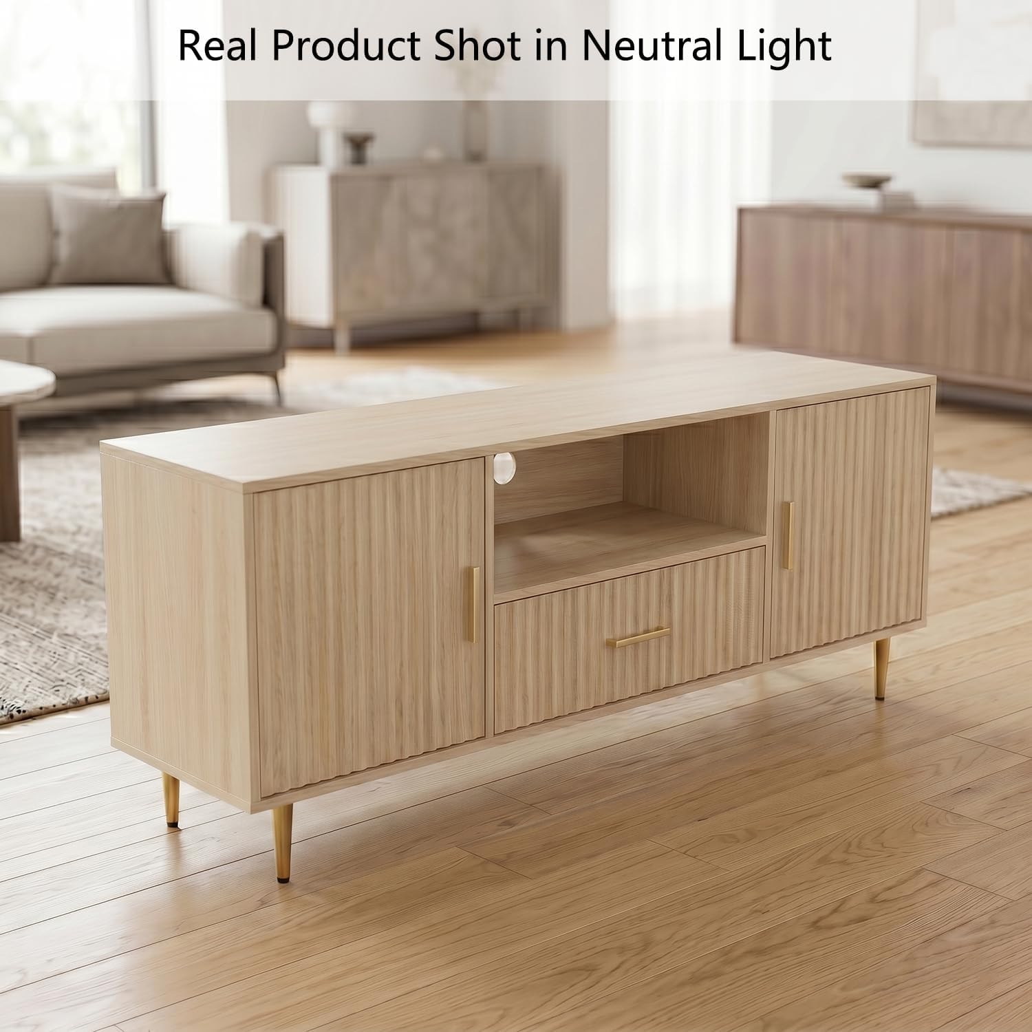 DIYART Luxury Fluted TV Stand, Entertainment Center for TVs Up to 65", Modern Media Console with Drawer and Cabinets, TV Console for Living Room Bedroom, Oak