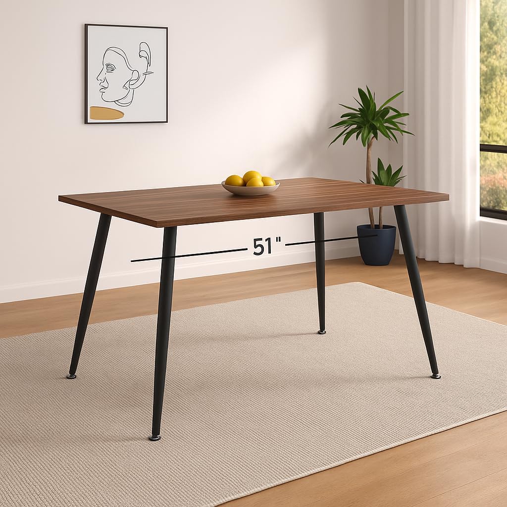 Modern Rectangular 51" Dining Table with Sturdy Metal Legs, Wooden Kitchen Table for 4, Small Space Dining Room Furniture for Apartment, Condo, Breakfast Nook, Brown