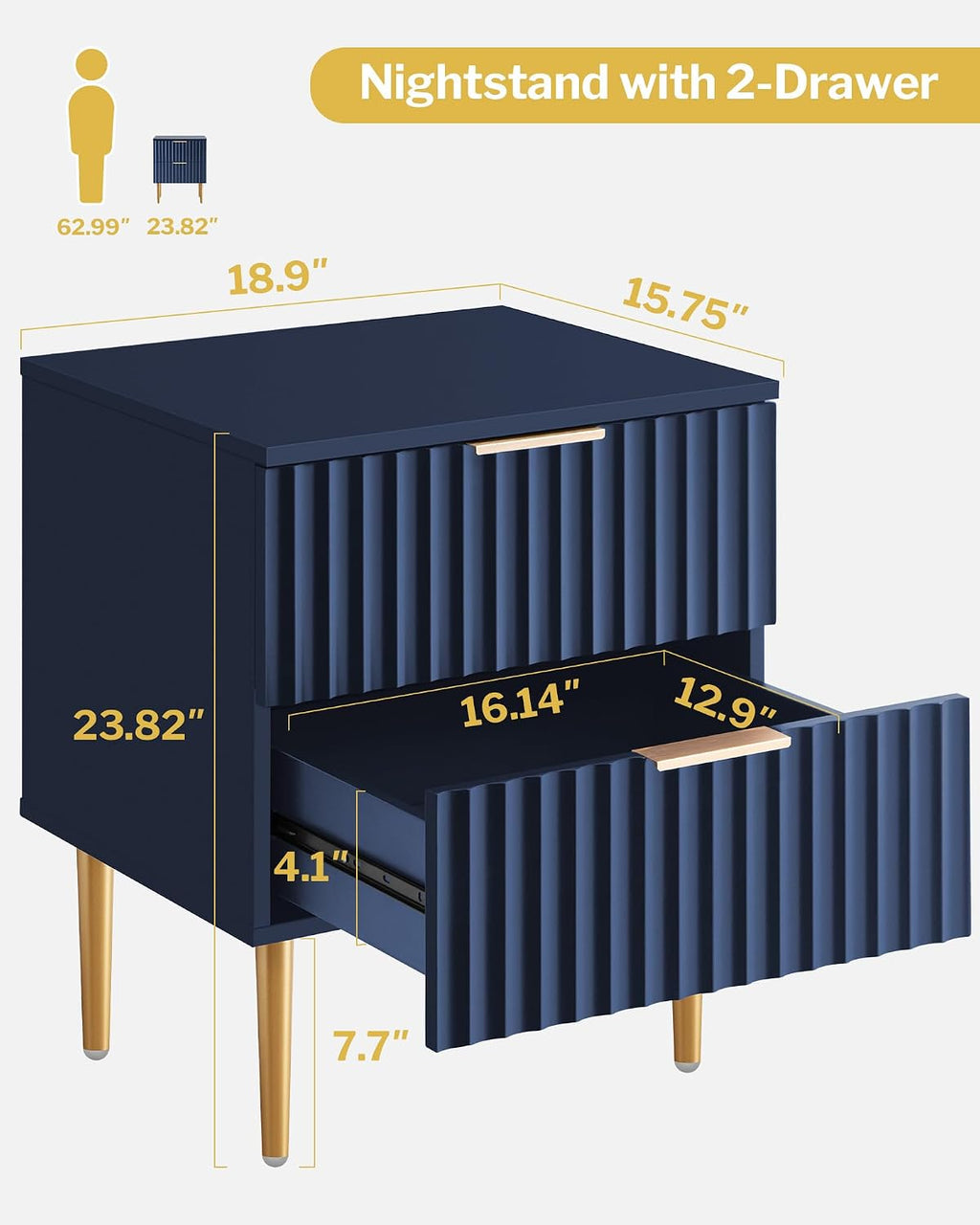 SICOTAS Night Stand Set 2, Fluted Glossy Nightstands Set of 2 with Drawers | Wide Modern Blue Storage Bedside Table for Bedroom, End Side Table with Golden Metal Legs and Handles, 2 Pieces
