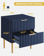 SICOTAS Night Stand Set 2, Fluted Glossy Nightstands Set of 2 with Drawers | Wide Modern Blue Storage Bedside Table for Bedroom, End Side Table with Golden Metal Legs and Handles, 2 Pieces