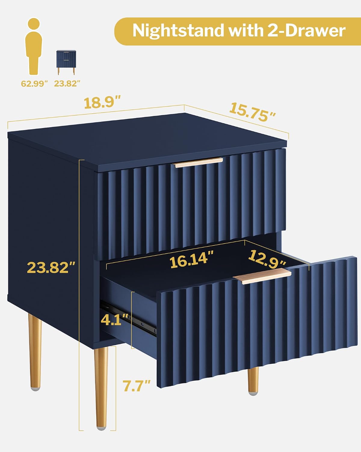 SICOTAS Night Stand Set 2, Fluted Glossy Nightstands Set of 2 with Drawers | Wide Modern Blue Storage Bedside Table for Bedroom, End Side Table with Golden Metal Legs and Handles, 2 Pieces