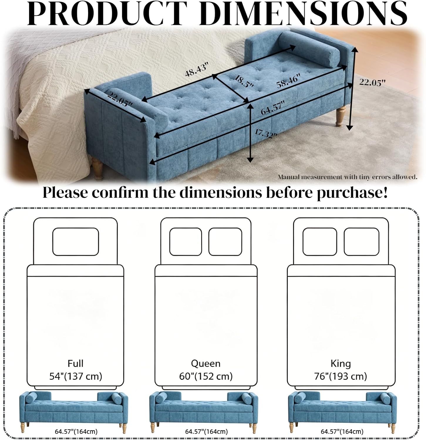 Aoiy & Wifon 64.57" W End of Bed Bench King Size, Upholstered Large Storage Ottoman Bench with Bolster Pillows & Armrest, Window Seat Bench for Living Room Bedroom, Chenille, Blue