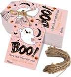 Aukolass 50Pcs Boo Gift Tags, Halloween Treat Tag for Spooky Girl Ghost Party Favor and Gift Wrapping Decoration (Pink Boo)