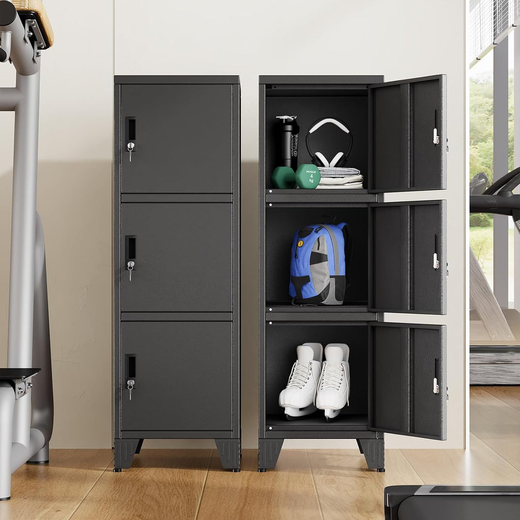 Metal Lockers for Employees-3 Doors Storage Locker with Shelves and Lockable Steel Cabinet for School,Gym,Office,Staff,Assembly Required,Black