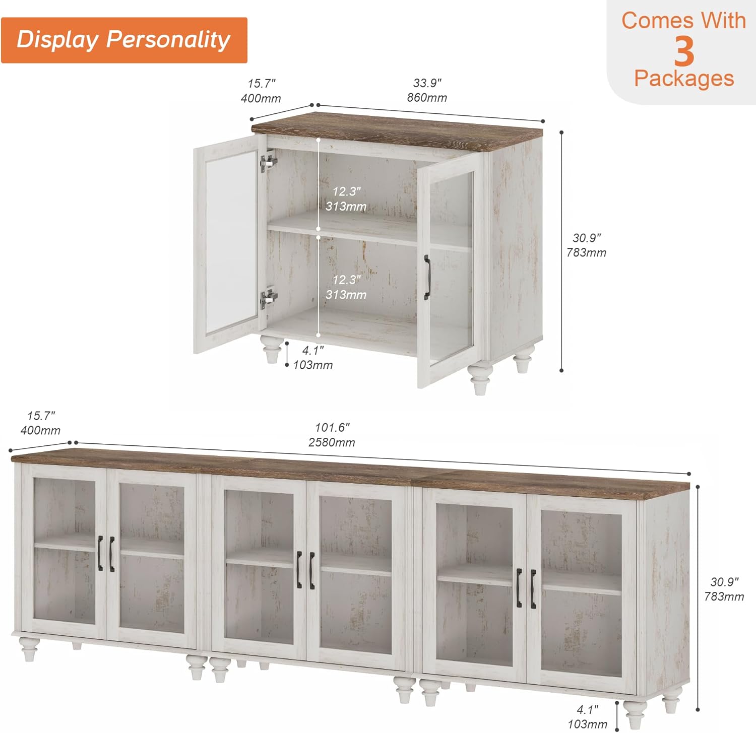WAMAPT 101" Farmhouse Sideboard Credenza with 6 Glass Doors, Large Coffee Bar Table with Adjustable Shelf, Wood Kitchen Storage Cabinets, Modern Buffet Cabinet for Dining Room, Rustic White