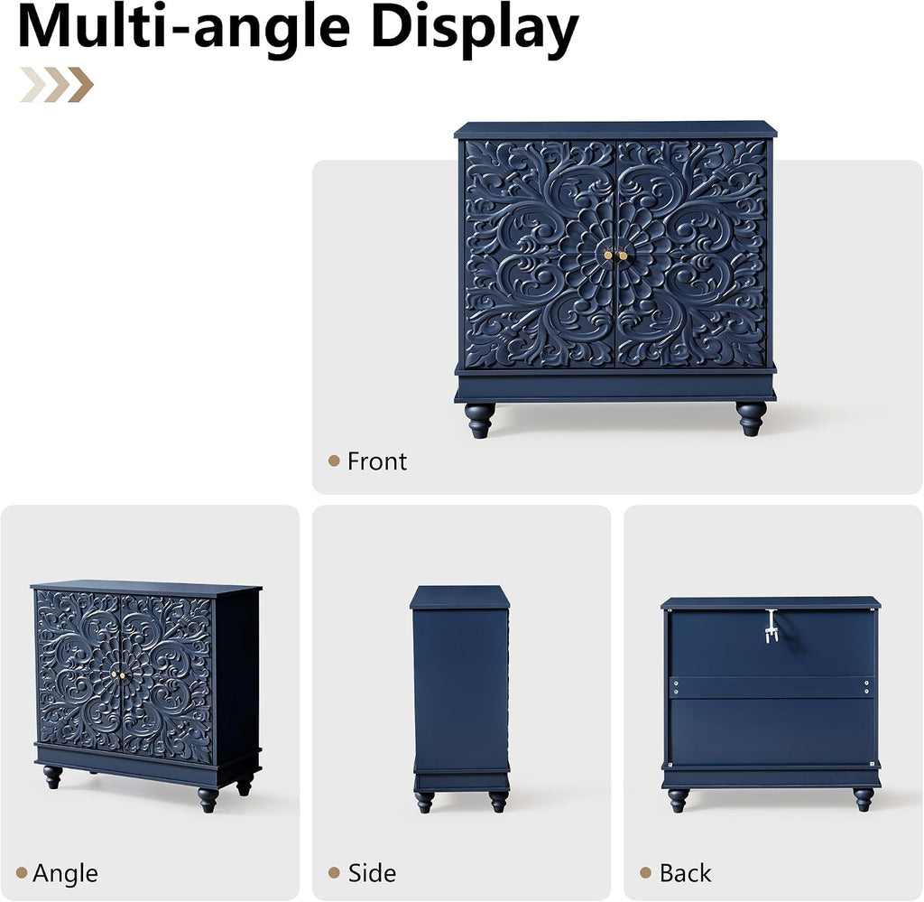weselon Accent Cabinet with 2 Doors, Luxury Carving Board Storage Sideboard with Adjustable Shelves, Buffet Cabinet Entryway Table for Living Room (Midnight Blue)