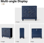 weselon Accent Cabinet with 2 Doors, Luxury Carving Board Storage Sideboard with Adjustable Shelves, Buffet Cabinet Entryway Table for Living Room (Midnight Blue)