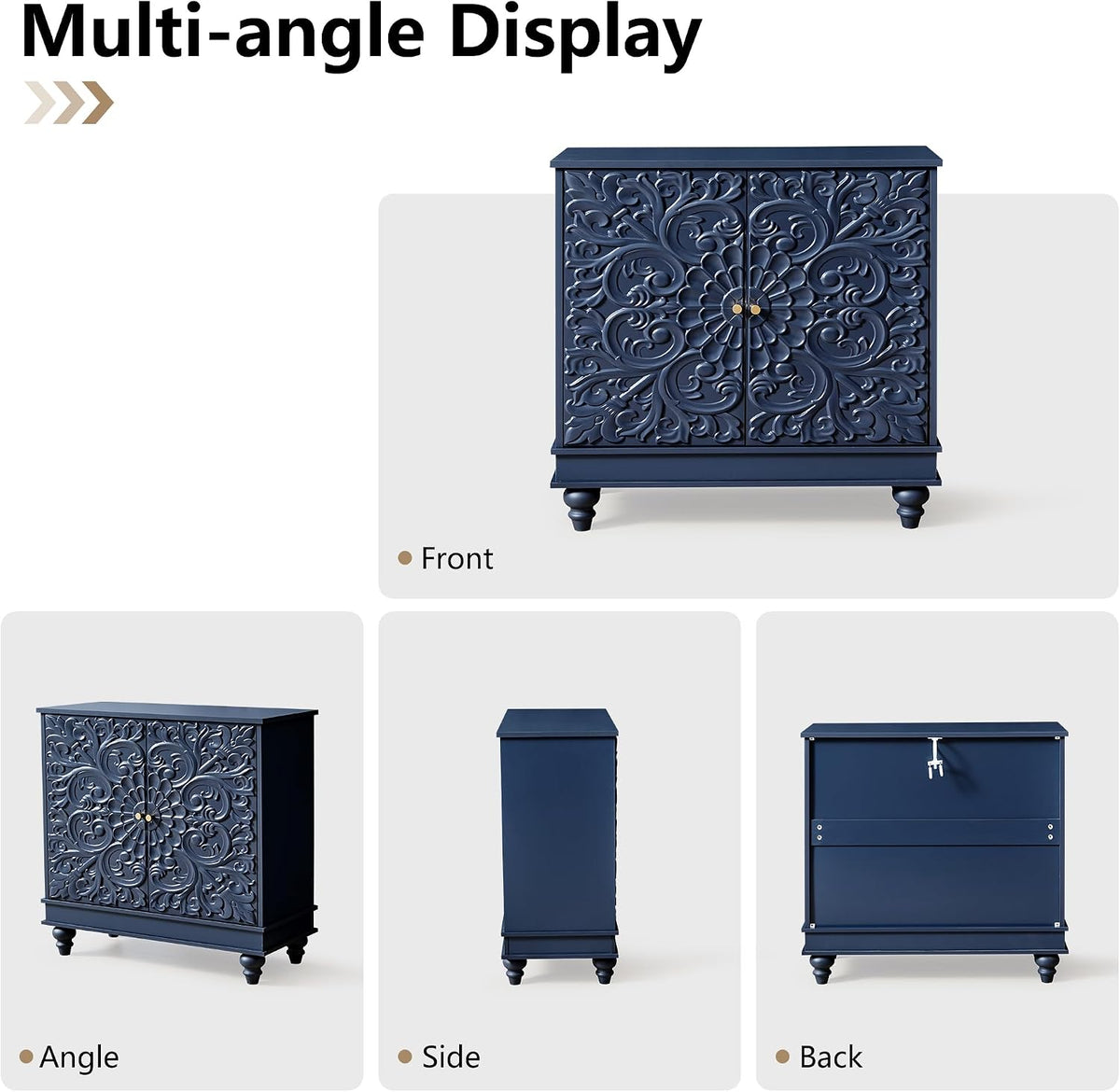 weselon Accent Cabinet with 2 Doors, Luxury Carving Board Storage Sideboard with Adjustable Shelves, Buffet Cabinet Entryway Table for Living Room (Midnight Blue)