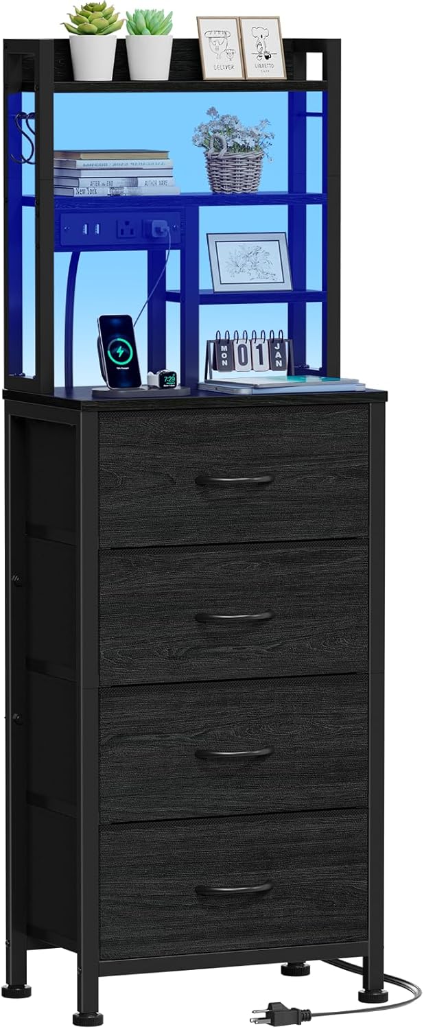 Furnulem Tall Nightstand, LED Night Stand with Charging Station | USB Ports, 4 Fabric Drawers and 4 Tier Storage Shelf, Nightstands Bedside Tables for Bedroom, Dorm, Office (Black Oak)